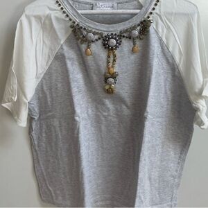 Women's Gray and White Embellished Top